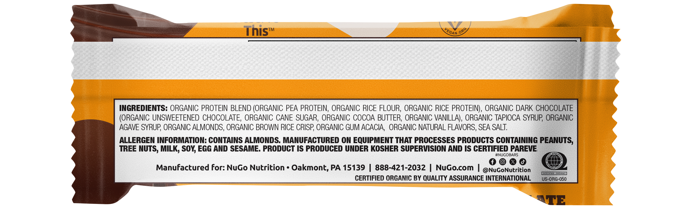 NuGo Organic Chocolate Almond Protein Bar 50g, Vegan, Gluten Free, 10g Plant Protein, Pack of 12 pcs