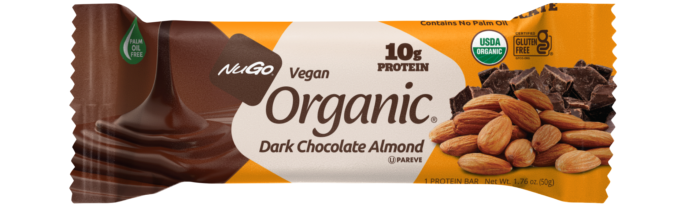 NuGo Organic Chocolate Almond Protein Bar 50g, Vegan, Gluten Free, 10g Plant Protein, Pack of 12 pcs