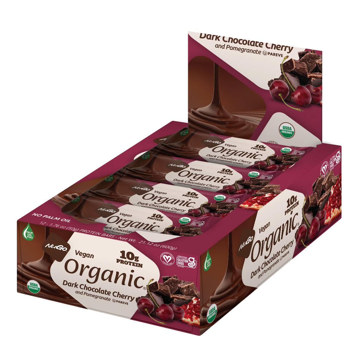 NuGo Organic Dark Chocolate Cherry Protein Bar 50g, Vegan, Gluten Free, 10g Plant Protein, Pack of 12 pcs