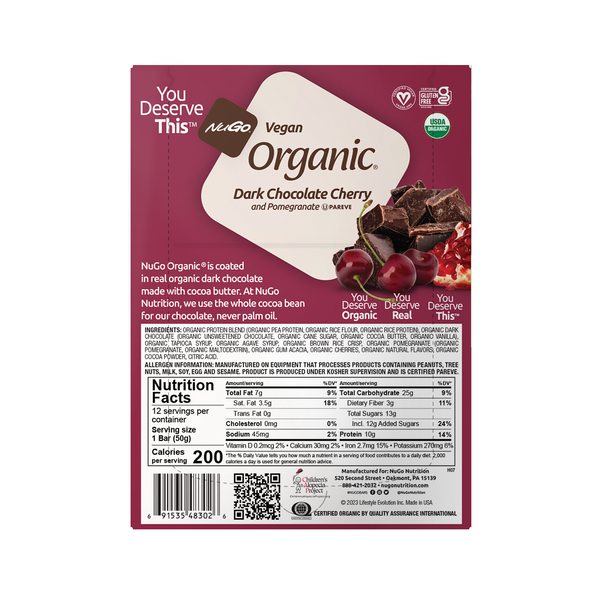 NuGo Organic Dark Chocolate Cherry Protein Bar 50g, Vegan, Gluten Free, 10g Plant Protein, Pack of 12 pcs