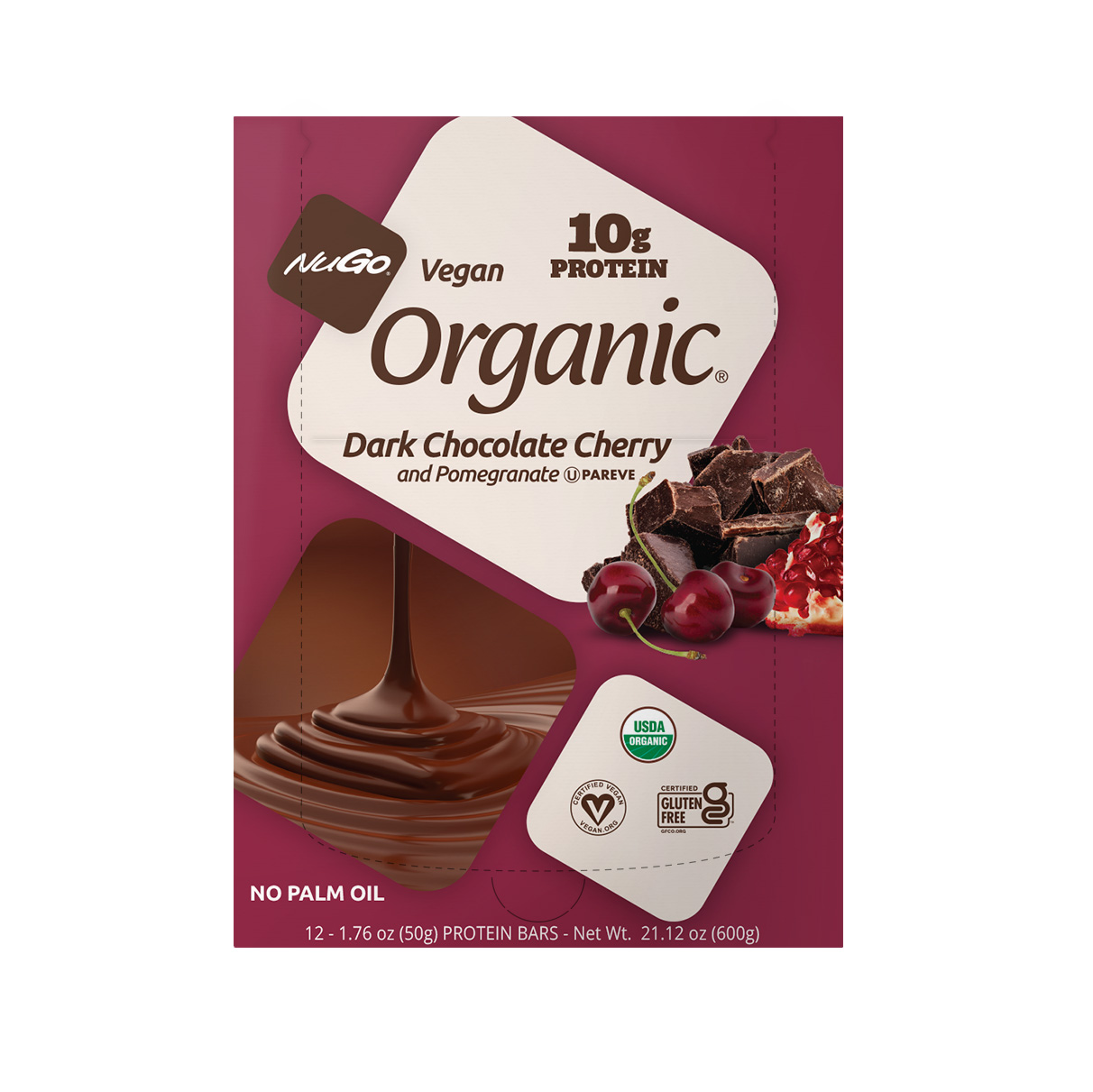 NuGo Organic Dark Chocolate Cherry Protein Bar 50g, Vegan, Gluten Free, 10g Plant Protein, Pack of 12 pcs