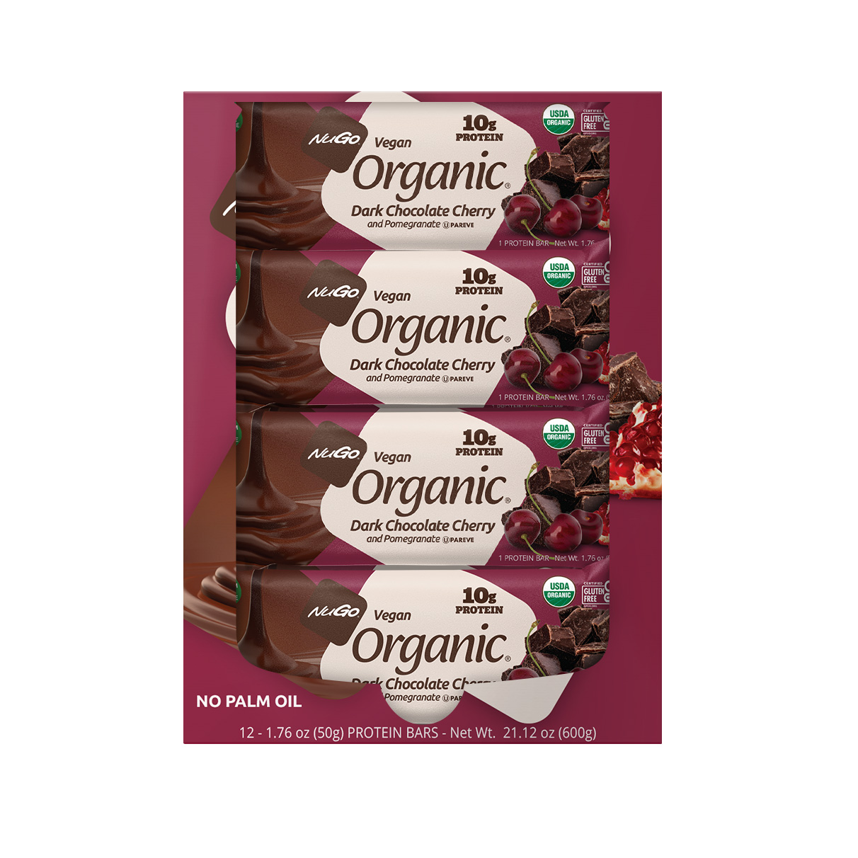 NuGo Organic Dark Chocolate Cherry Protein Bar 50g, Vegan, Gluten Free, 10g Plant Protein, Pack of 12 pcs