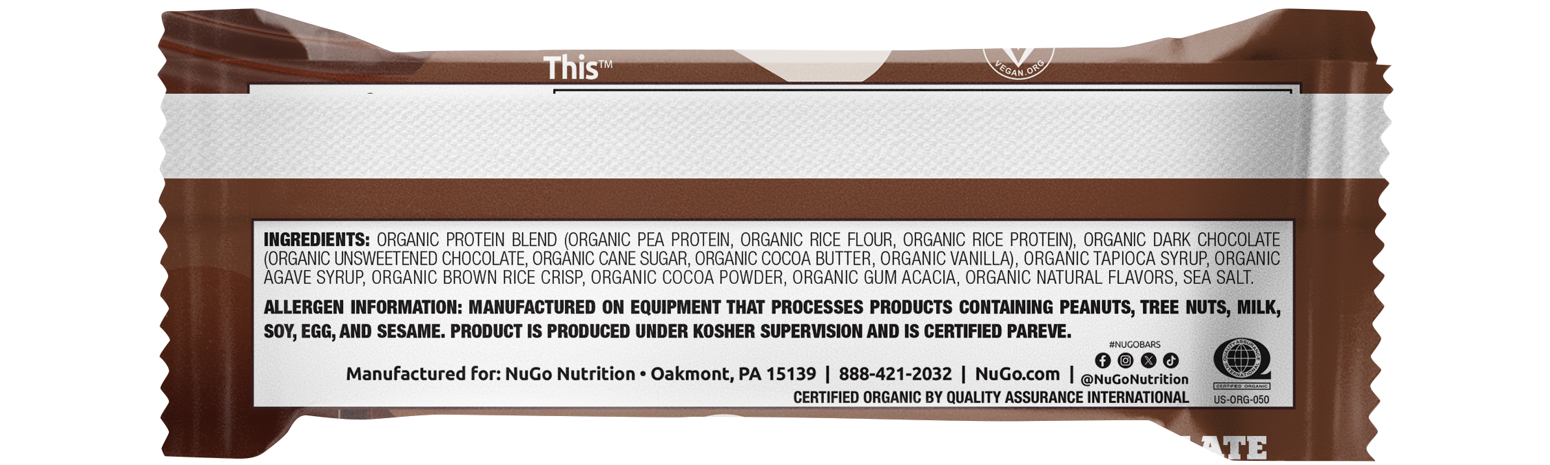 NuGo Organic Double Dark Chocolate Protein Bar 50g, Vegan, Gluten Free, 10g Protein, Pack of 12 pcs