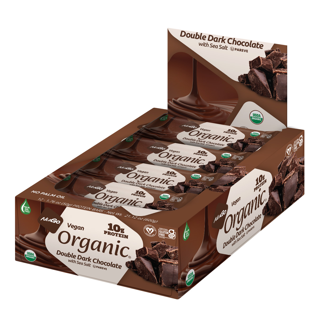 NuGo Organic Double Dark Chocolate Protein Bar 50g, Vegan, Gluten Free, 10g Protein, Pack of 12 pcs