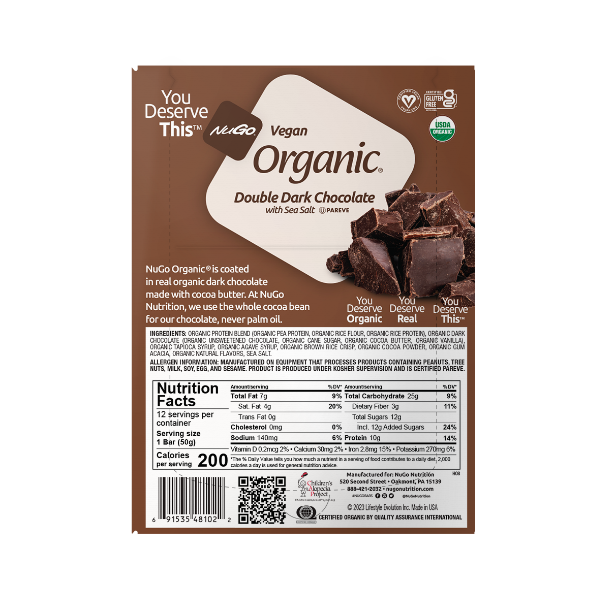 NuGo Organic Double Dark Chocolate Protein Bar 50g, Vegan, Gluten Free, 10g Protein, Pack of 12 pcs