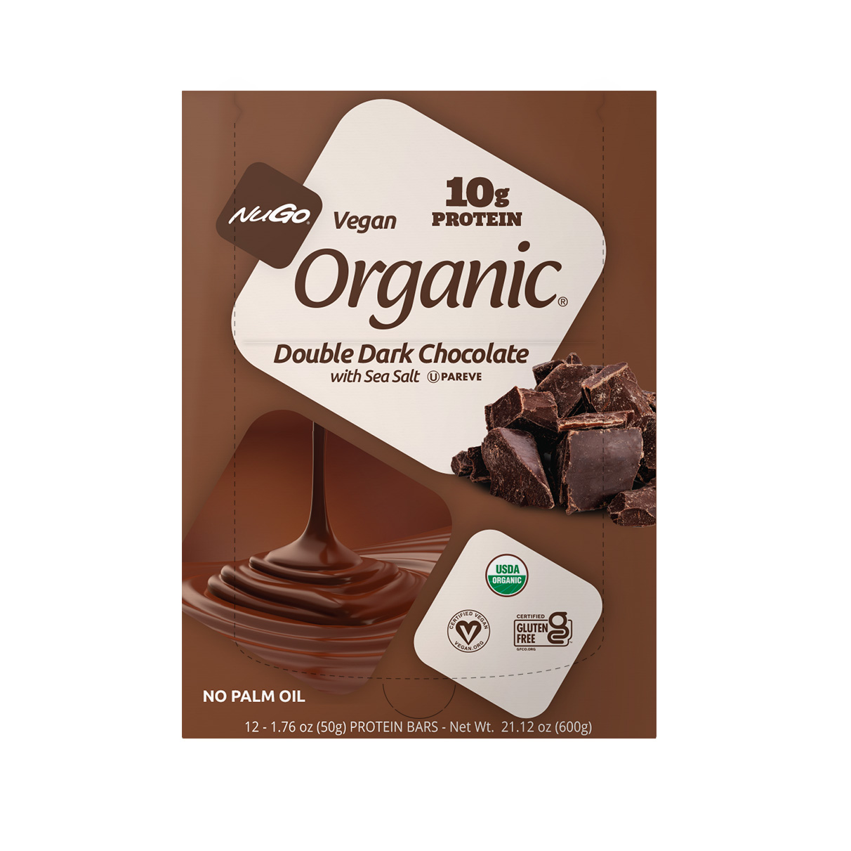 NuGo Organic Double Dark Chocolate Protein Bar 50g, Vegan, Gluten Free, 10g Protein, Pack of 12 pcs
