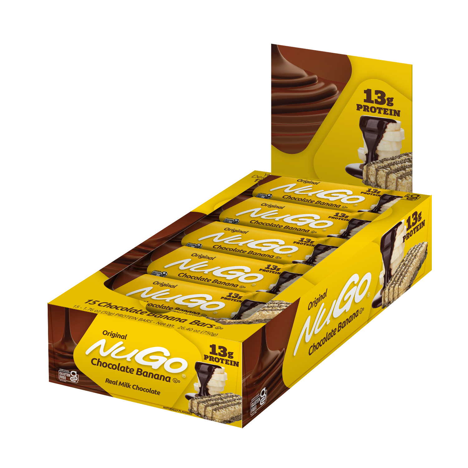 NuGo Original Banana Chocolate Protein Bar 50g, 13g Protein, Gluten Free, Real Milk Chocolate Snack, Pack of 15 pcs