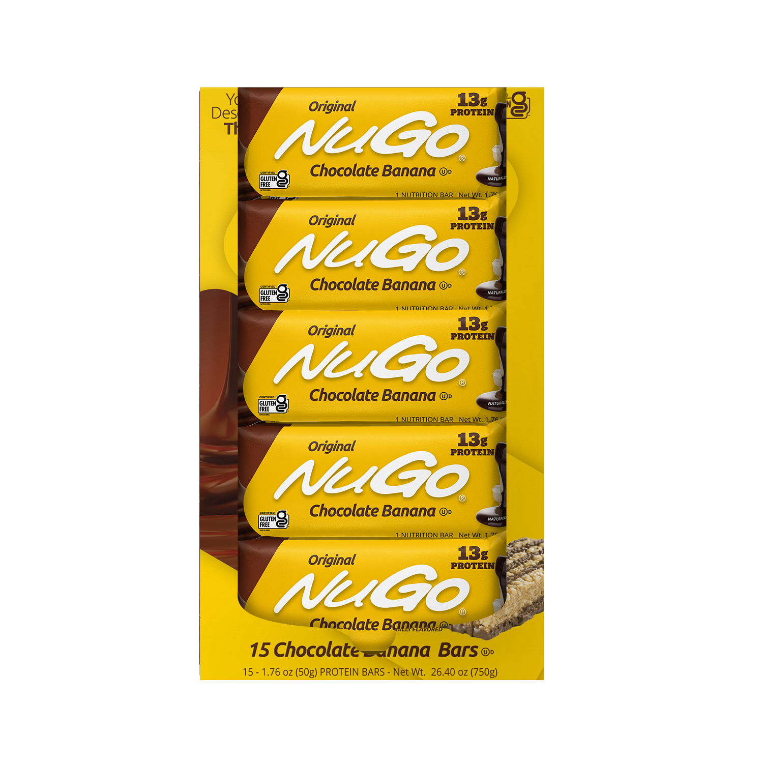NuGo Original Banana Chocolate Protein Bar 50g, 13g Protein, Gluten Free, Real Milk Chocolate Snack, Pack of 15 pcs