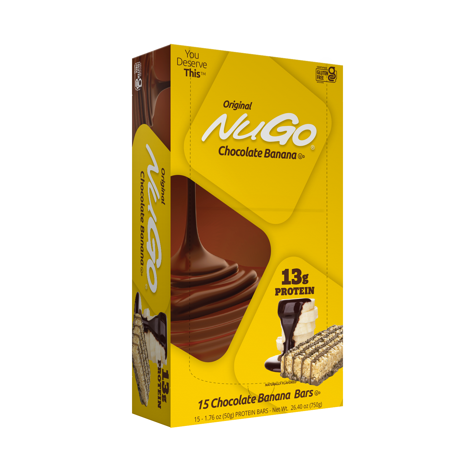 NuGo Original Banana Chocolate Protein Bar 50g, 13g Protein, Gluten Free, Real Milk Chocolate Snack, Pack of 15 pcs