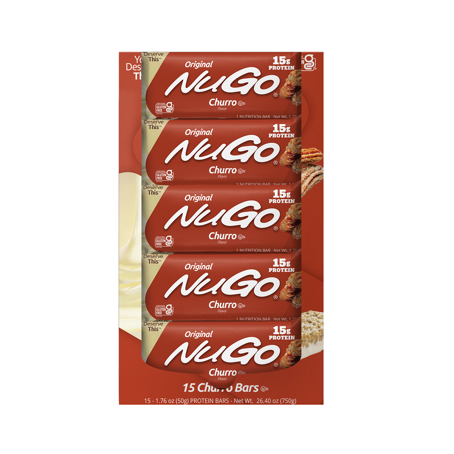 NuGo Original Churro Protein Bar 50g, 15g Protein, Gluten Free, Cinnamon Crunch Yogurt, Pack of 15 pcs