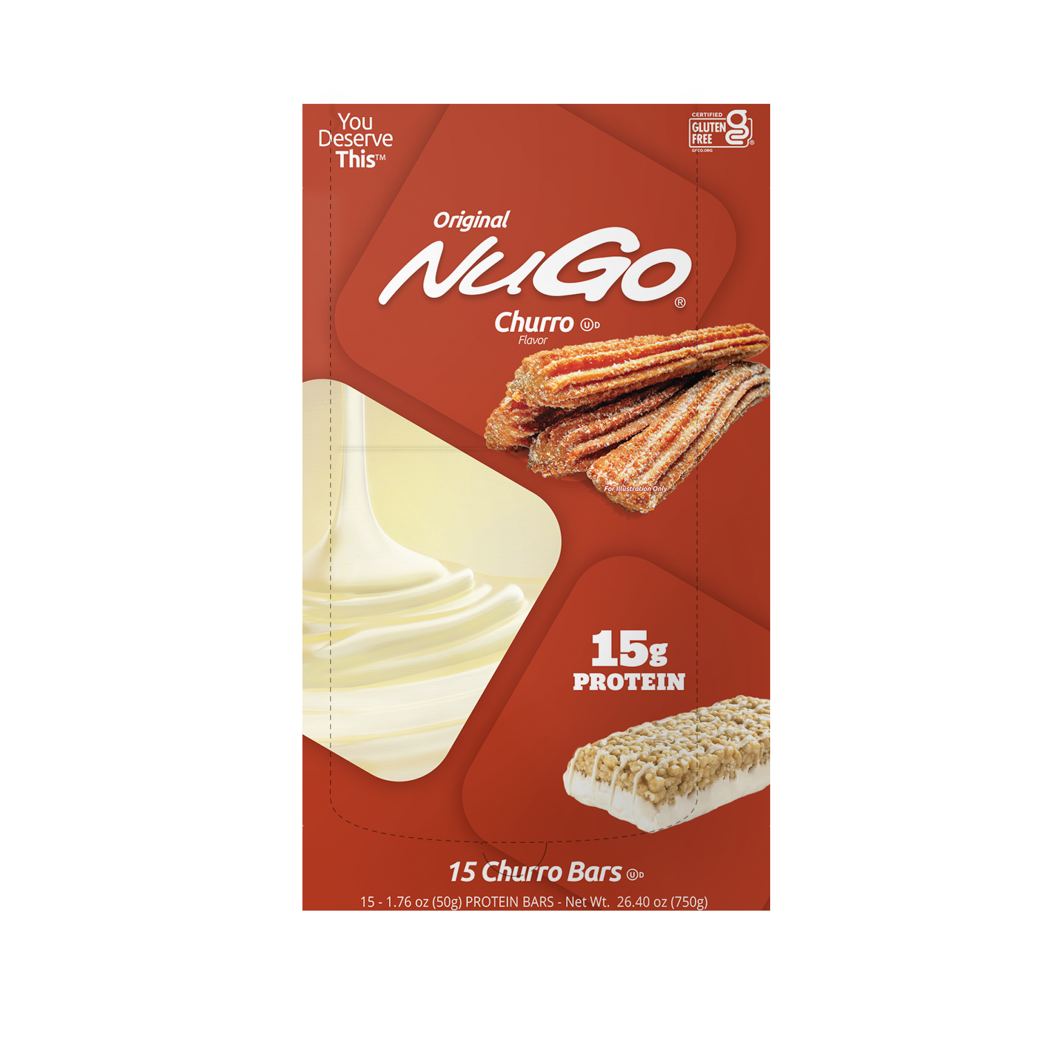 NuGo Original Churro Protein Bar 50g, 15g Protein, Gluten Free, Cinnamon Crunch Yogurt, Pack of 15 pcs