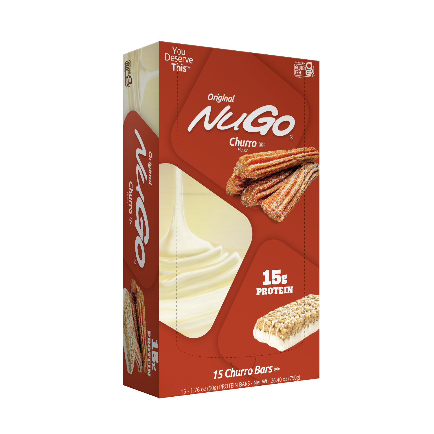 NuGo Original Churro Protein Bar 50g, 15g Protein, Gluten Free, Cinnamon Crunch Yogurt, Pack of 15 pcs