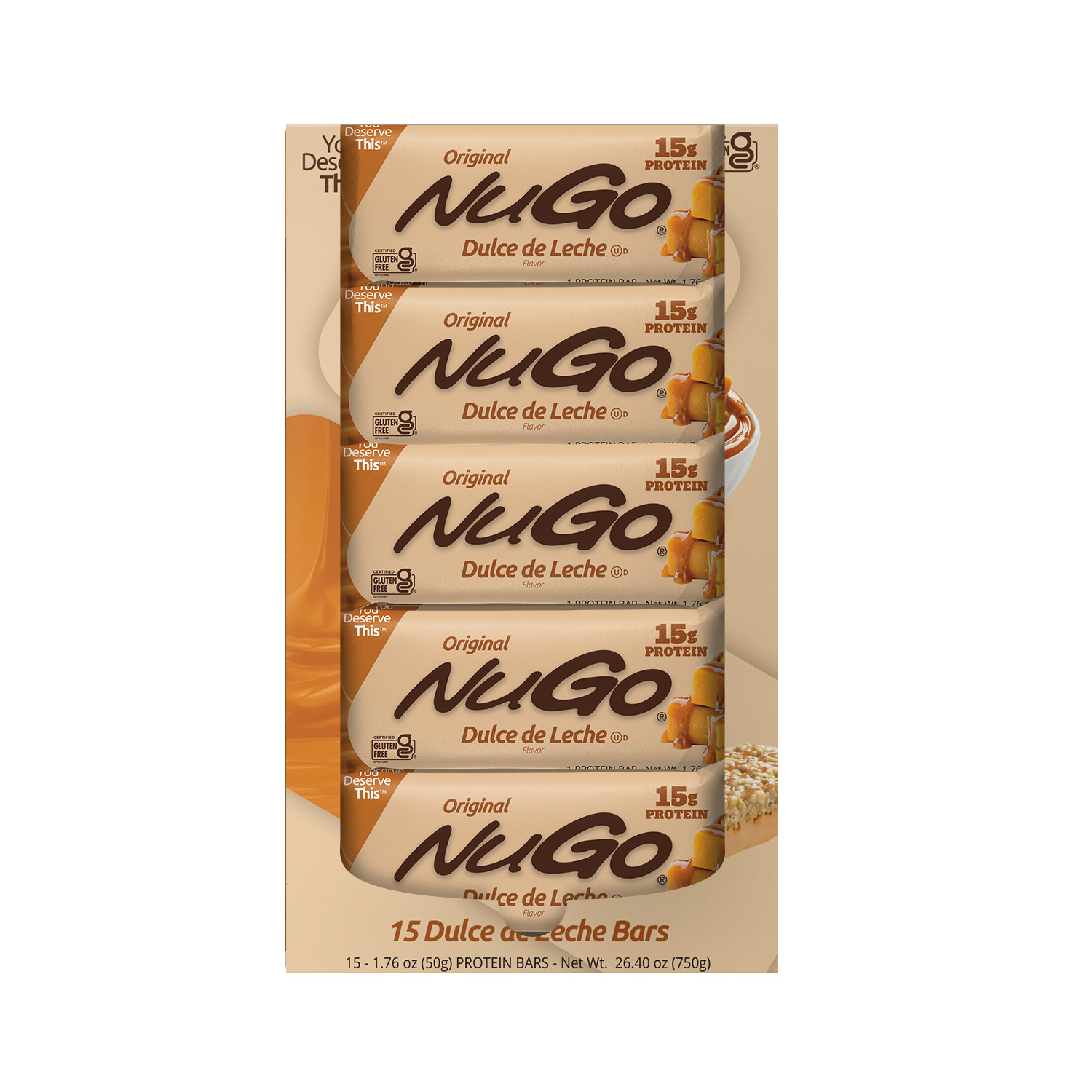 NuGo Original Dulce De Leche Bar 50g,15g Protein, Gluten Free Caramel-Inspired Crunchy Snack, Pack of 15 pcs