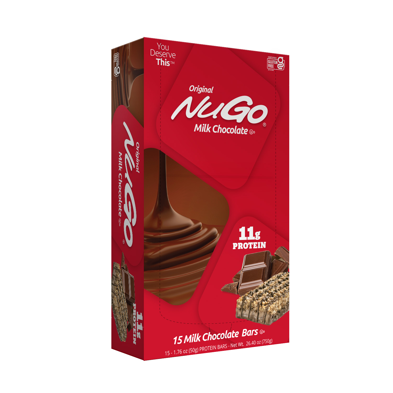 NuGo Original Milk Chocolate Protein Bar 50g, 11g Protein, Gluten Free Snack with Added Vitamins, Pack of 15 pcs