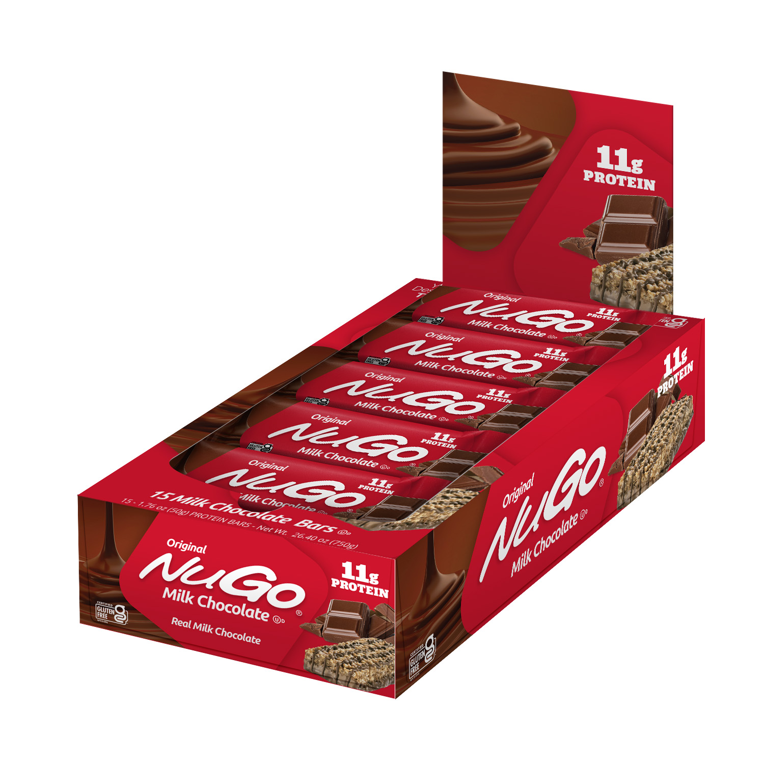 NuGo Original Milk Chocolate Protein Bar 50g, 11g Protein, Gluten Free Snack with Added Vitamins, Pack of 15 pcs
