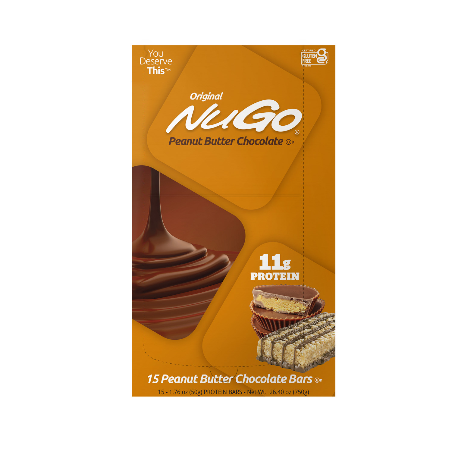 NuGo Original Peanut Butter Chocolate Protein Bar 50g, 11g Protein, Gluten Free Snack, Pack of 15 pcs