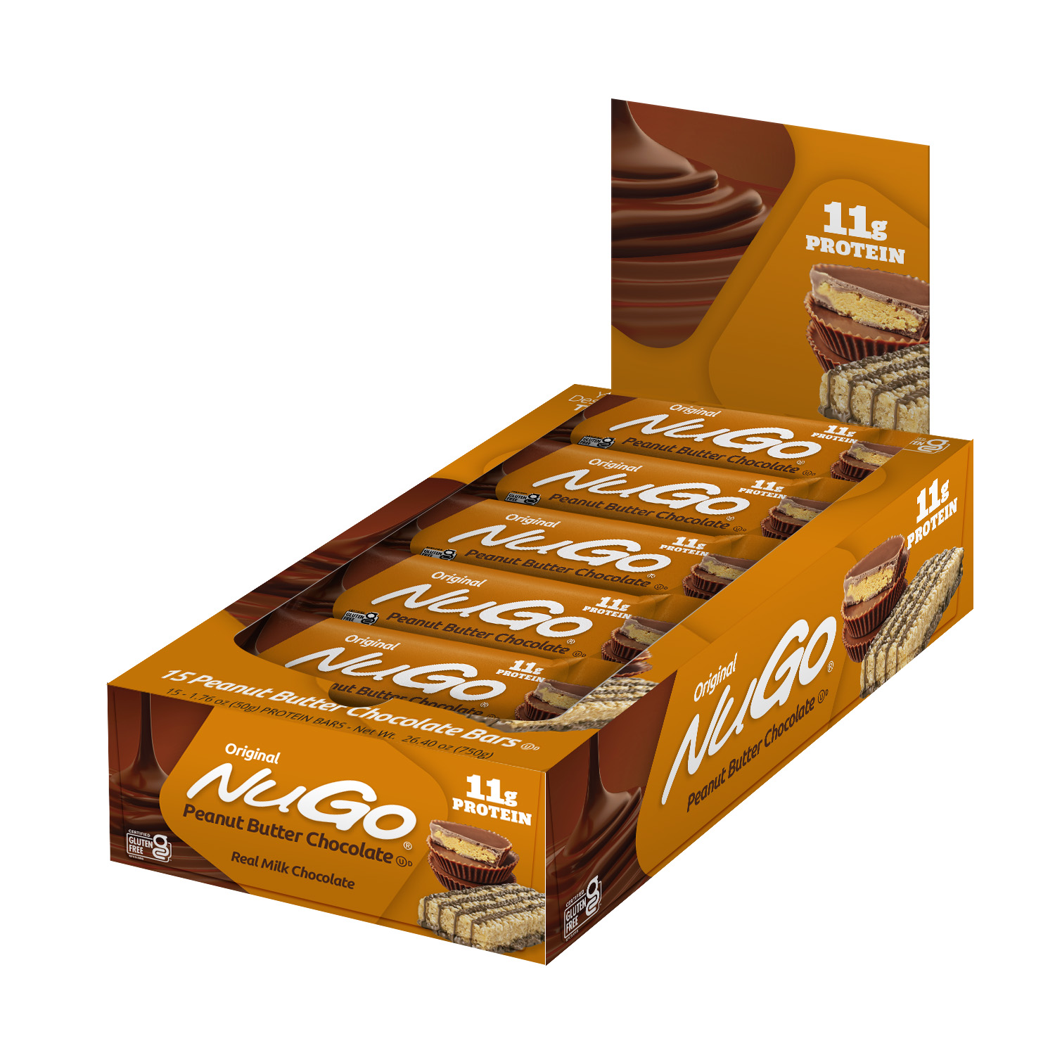 NuGo Original Peanut Butter Chocolate Protein Bar 50g, 11g Protein, Gluten Free Snack, Pack of 15 pcs