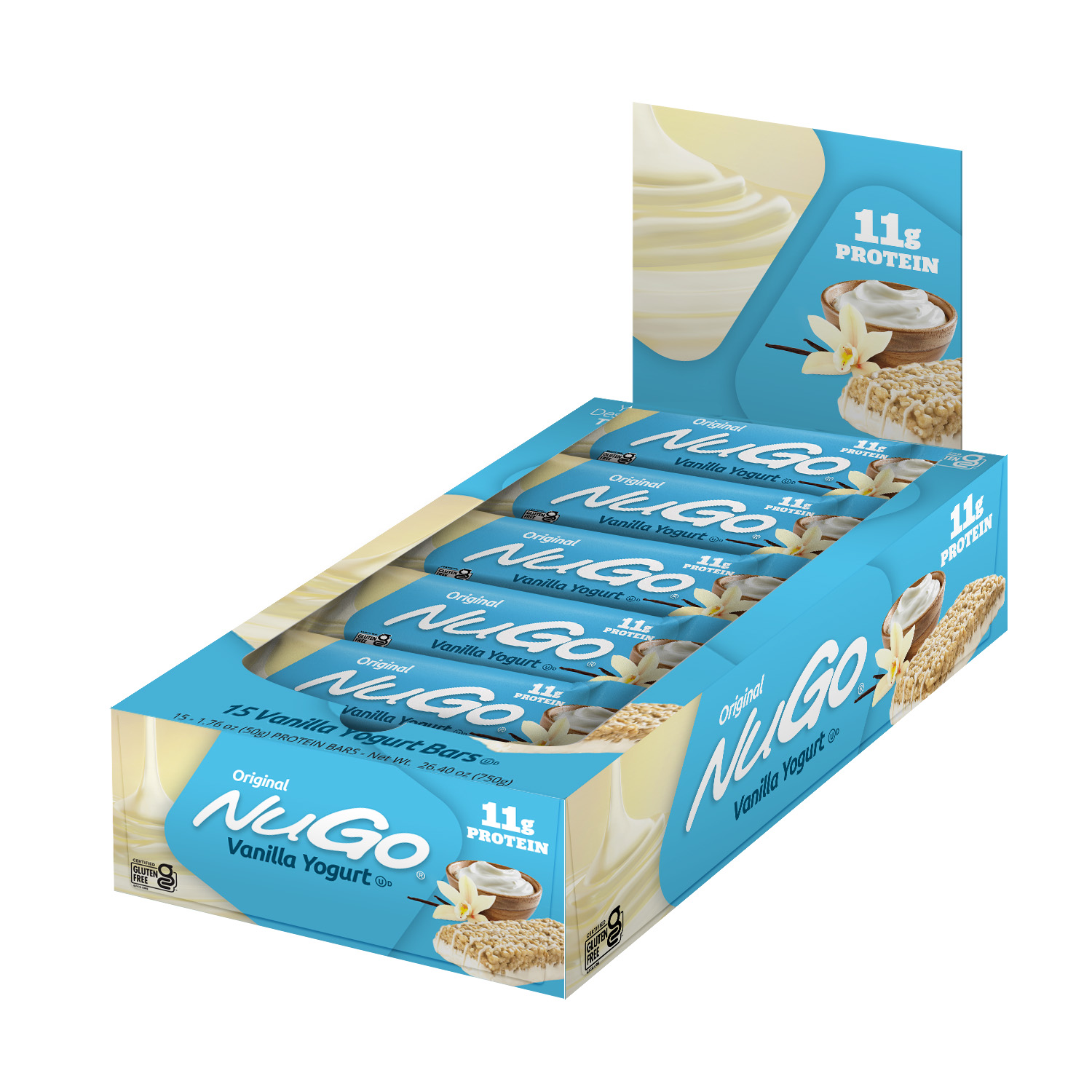 NuGo Original Vanilla Yogurt Protein Bar 50g, 11g Protein, Gluten Free Snack with Added Vitamins, Pack of 15 pcs