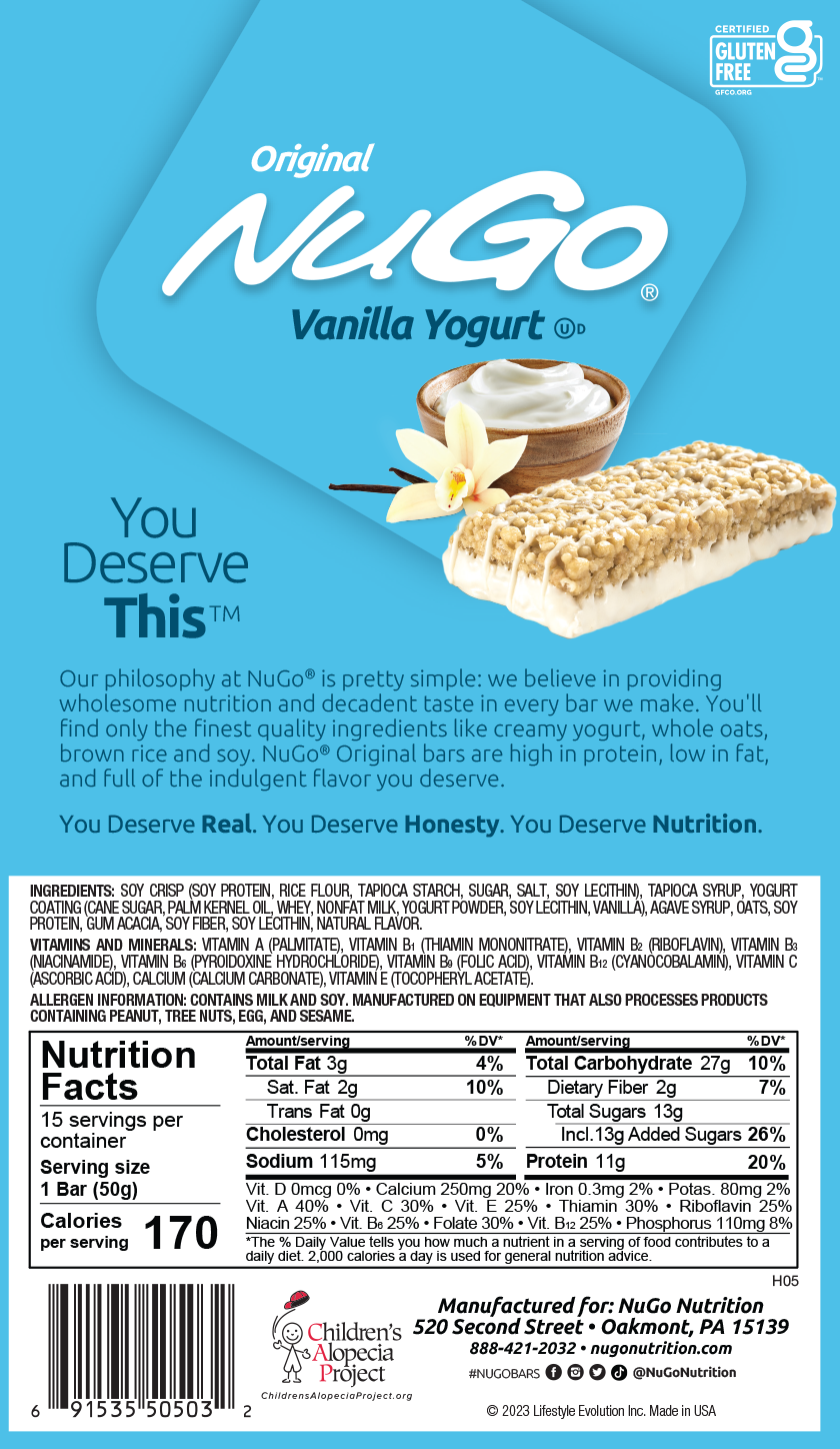NuGo Original Vanilla Yogurt Protein Bar 50g, 11g Protein, Gluten Free Snack with Added Vitamins, Pack of 15 pcs