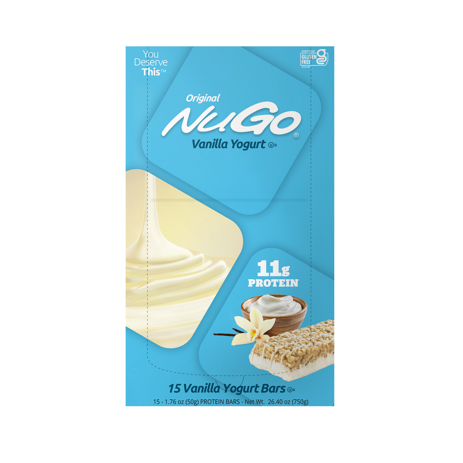 NuGo Original Vanilla Yogurt Protein Bar 50g, 11g Protein, Gluten Free Snack with Added Vitamins, Pack of 15 pcs