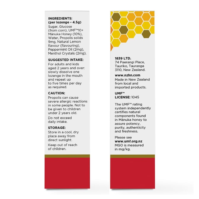 NZ Health UMF 10+ Manuka Honey Lozenges Lemon, Soothing Relief with Propolis, Menthol & Peppermint Oil - 12s