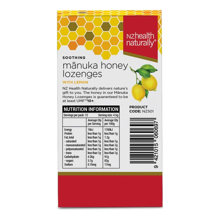 NZ Health UMF 10+ Manuka Honey Lozenges Lemon, Soothing Relief with Propolis, Menthol & Peppermint Oil - 12s