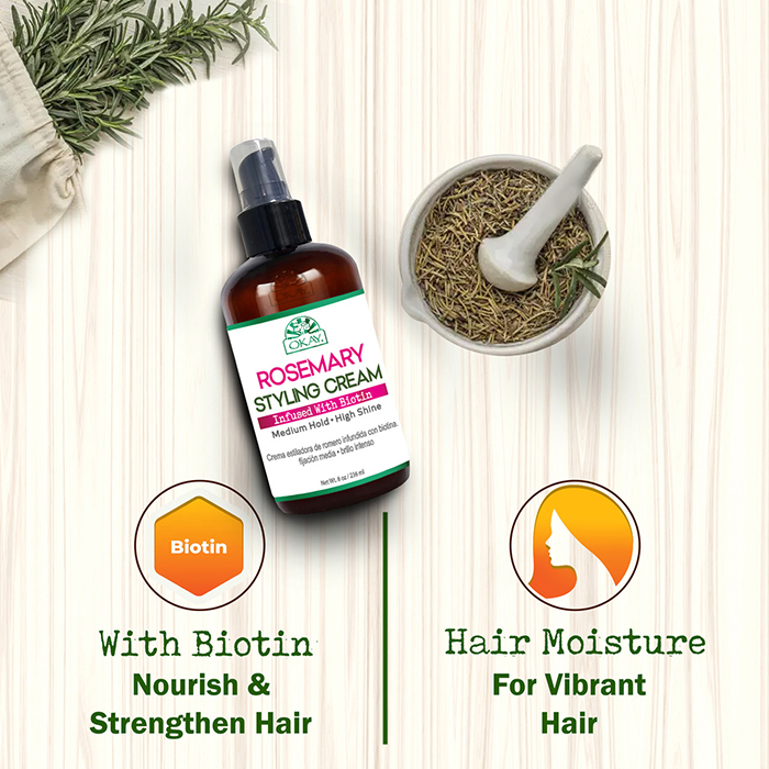 Okay Pure Rosemary with Biotin Styling Cream, Flexible Hold, Shine Boost and Hair Strengthening 236ml