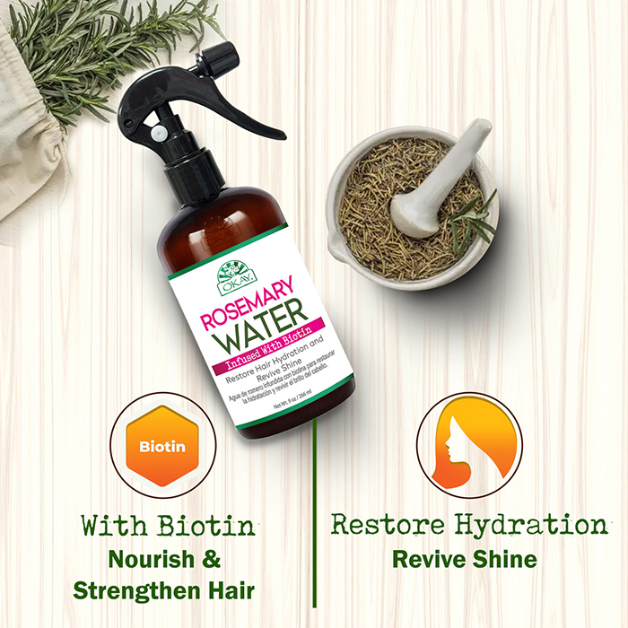 Okay Pure Rosemary with Biotin Water, Hydrating Hair Mist for Shine, Strength and Scalp Refresh, 236ml