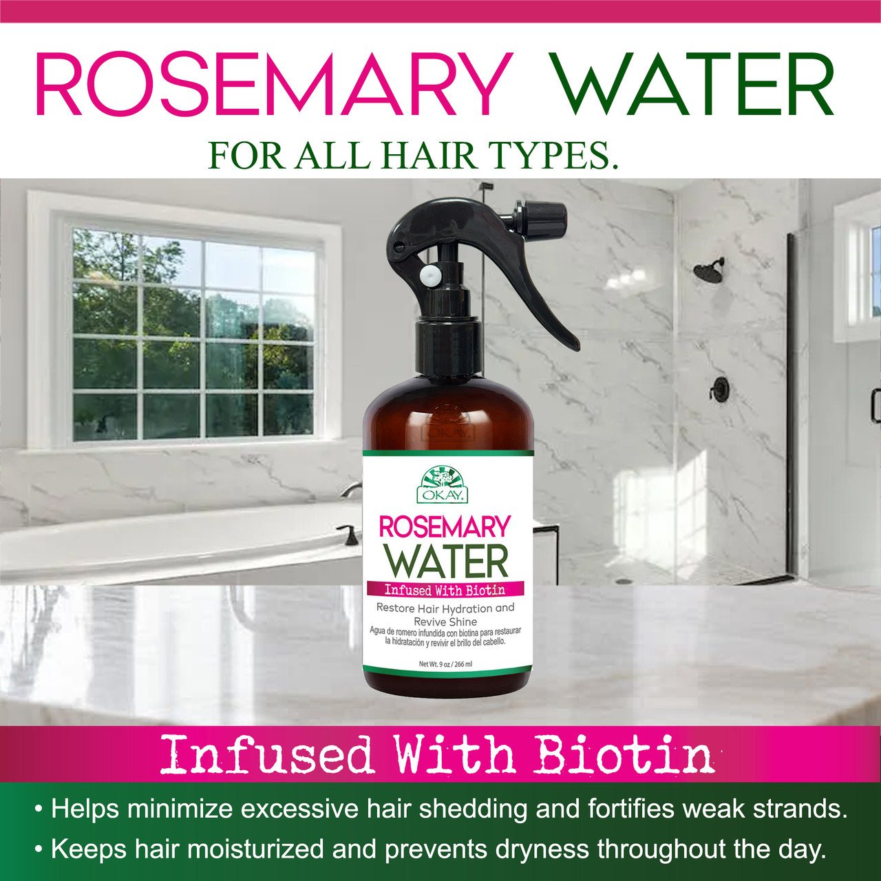 Okay Pure Rosemary with Biotin Water, Hydrating Hair Mist for Shine, Strength and Scalp Refresh, 236ml