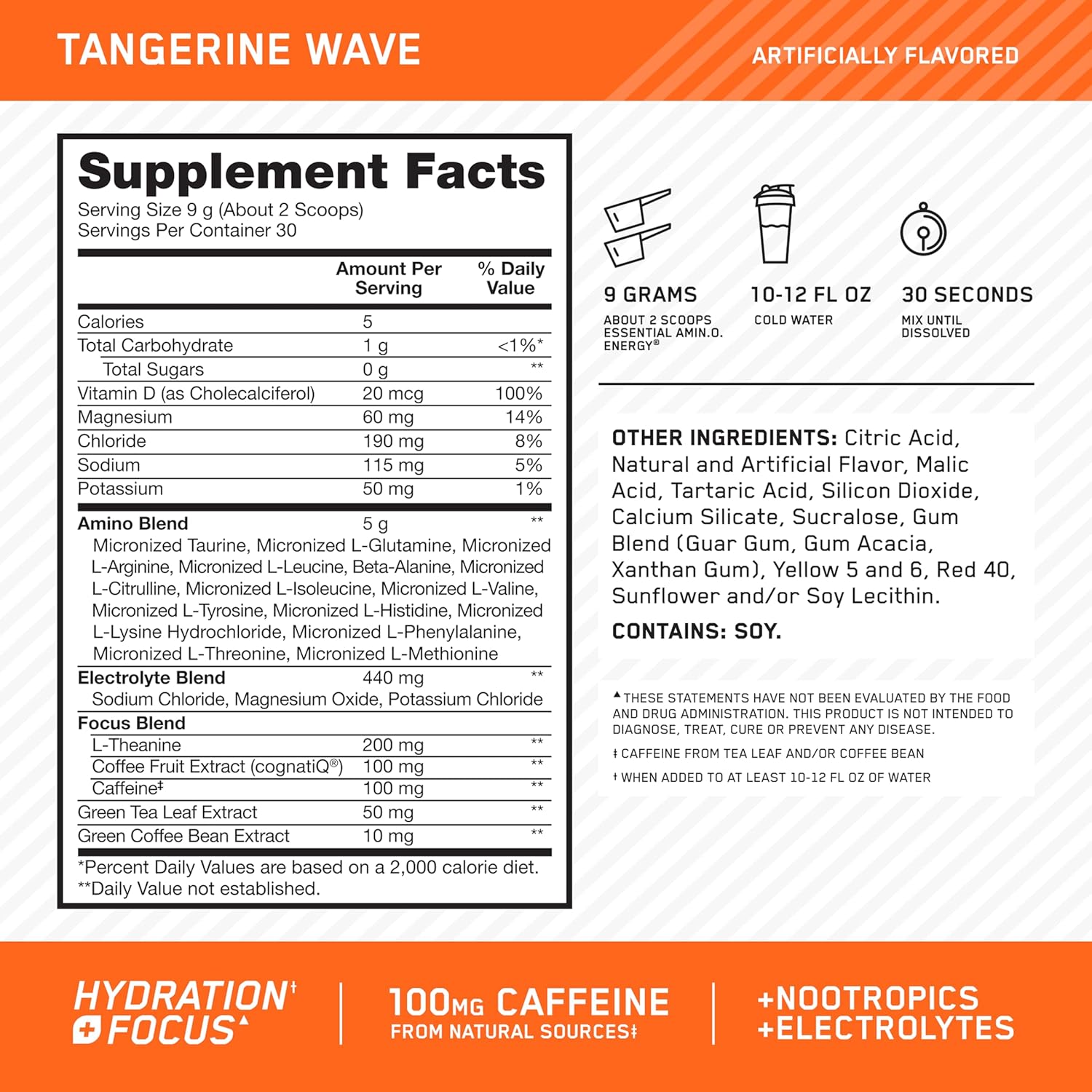 Optimum Nutrition Essential Amino Energy Electrolytes Tangerine 30 Serving