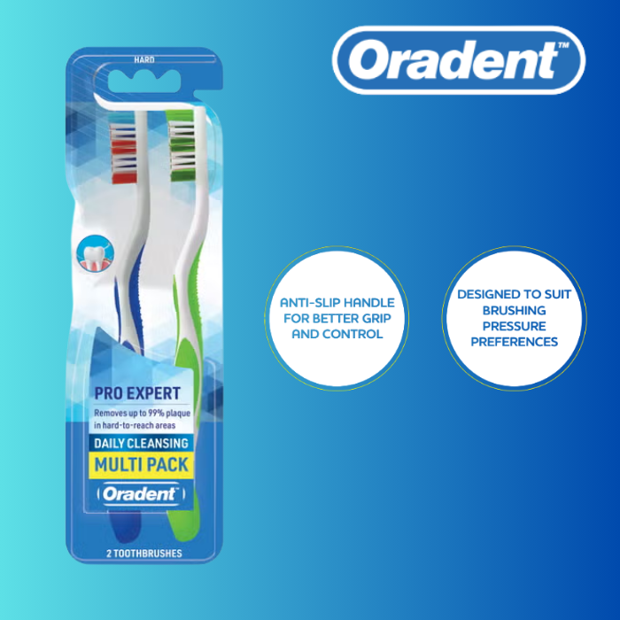 Oradent Daily Cleansing Toothbrush Hard, Deep Clean Back Teeth and Gumline, Tongue Cleaner, Pack of 2pcs