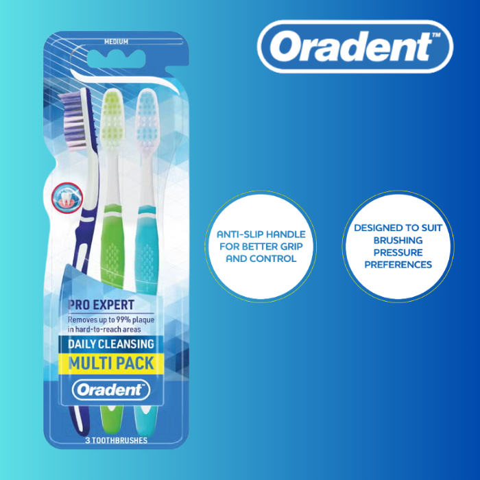Oradent Daily Cleansing Toothbrush Medium, Complete Oral Care, Tongue Cleaner and Ergonomic Grip, Pack of 3pcs