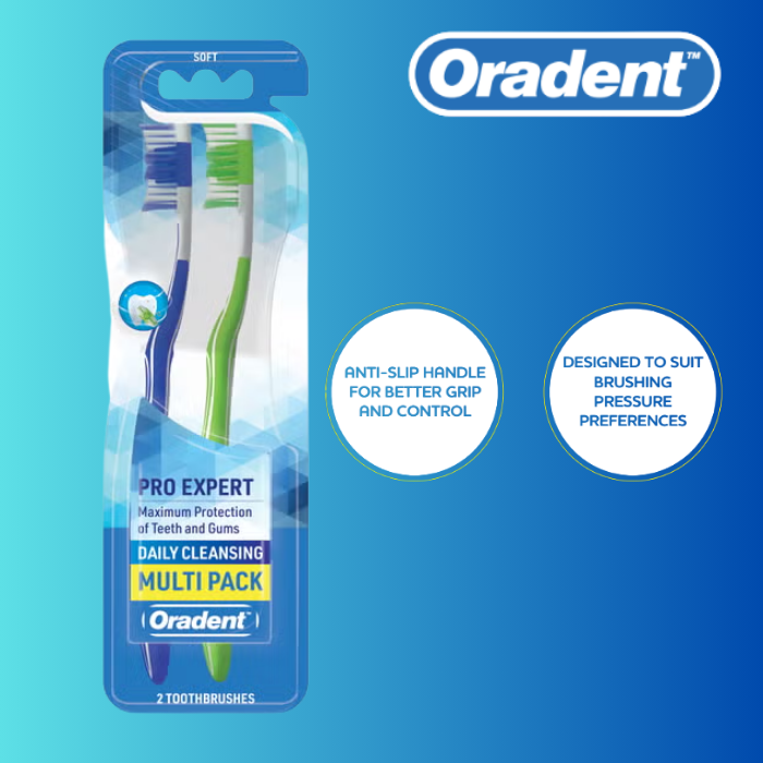 Oradent Daily Cleansing Toothbrush, Soft, Gentle on Gums and Teeth, Tongue Cleaner, Pack of 2pcs