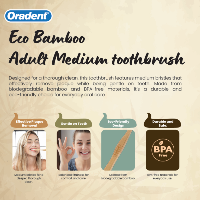 Oradent Eco Adult Bamboo Toothbrush Medium Yellow 1s