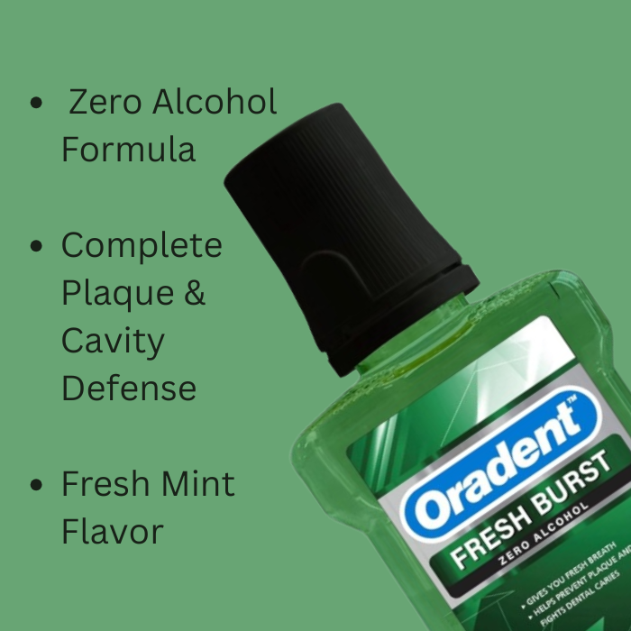 Oradent Fresh Burst Zero Alcohol Mouthwash, Mint Flavor, Fresh Breath, Plaque Control & Cavity Protection – 500ml