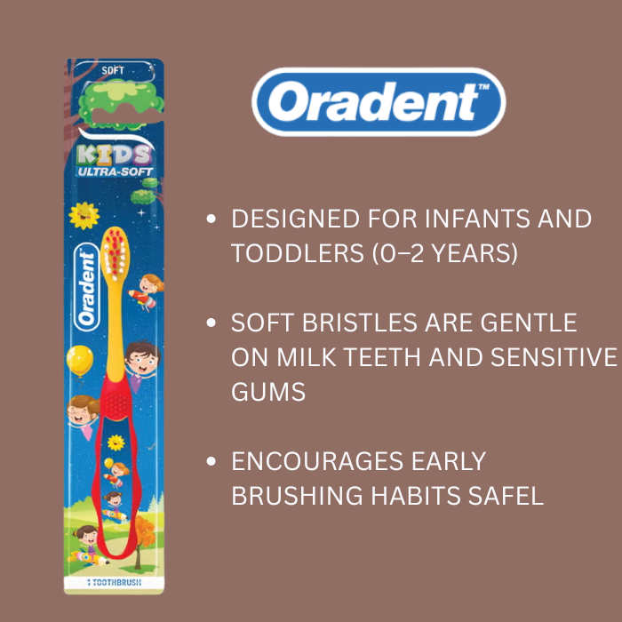 Oradent Kids 0-2 Years Toothbrush, Ultra Soft Gentle Bristles, Ergonomic Anti-Slip Handle for Babies, Pack of 1