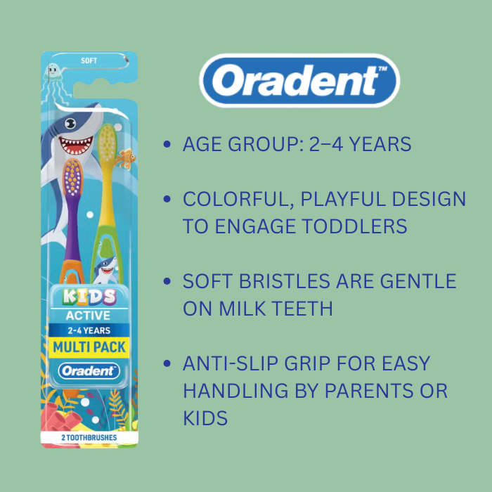 Oradent Kids Active Toothbrush 2-4 Years, Soft Gentle Bristles, Anti-Slip Grip and Curved Neck, Pack of 2pcs