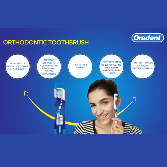 Oradent Orthodontic Toothbrush, Soft + Hard, Dual Bristle Care for Braces, Gums and Plaque, Pack of 1