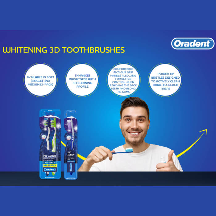 Oradent Pro-Action Whitening 3D Toothbrush Soft, Deep Clean and Brighter Smile with Tongue Cleaner, Pack of 1