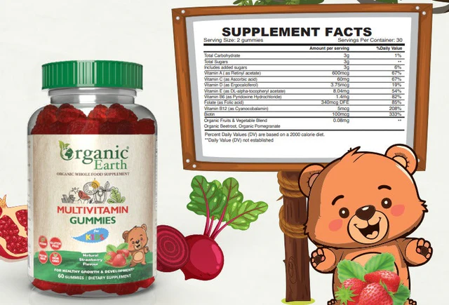 Organic Earth Kids Multivitamin & Mineral Gummies, Vegan, Natural and Antioxidant-Rich - 60s