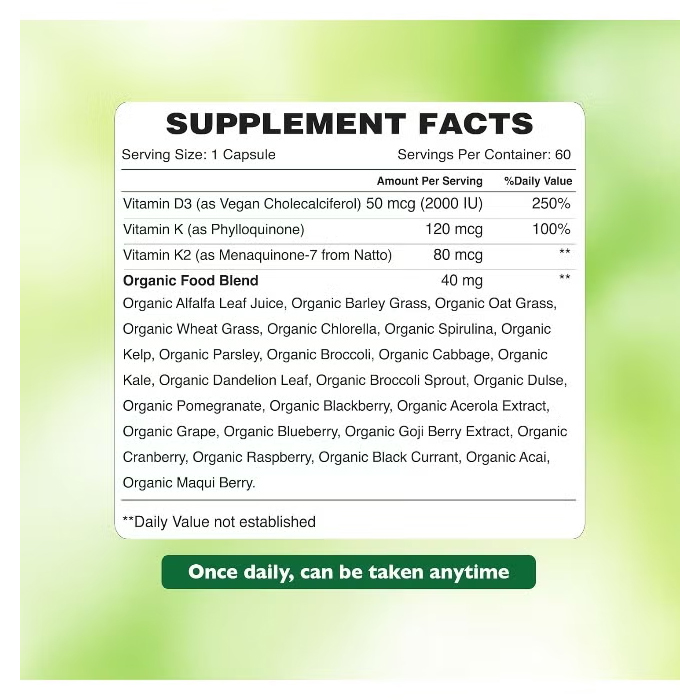 Organic Earth Vitamin D3 + K2 , Supports Bone and Immune Health, 60 Capsules