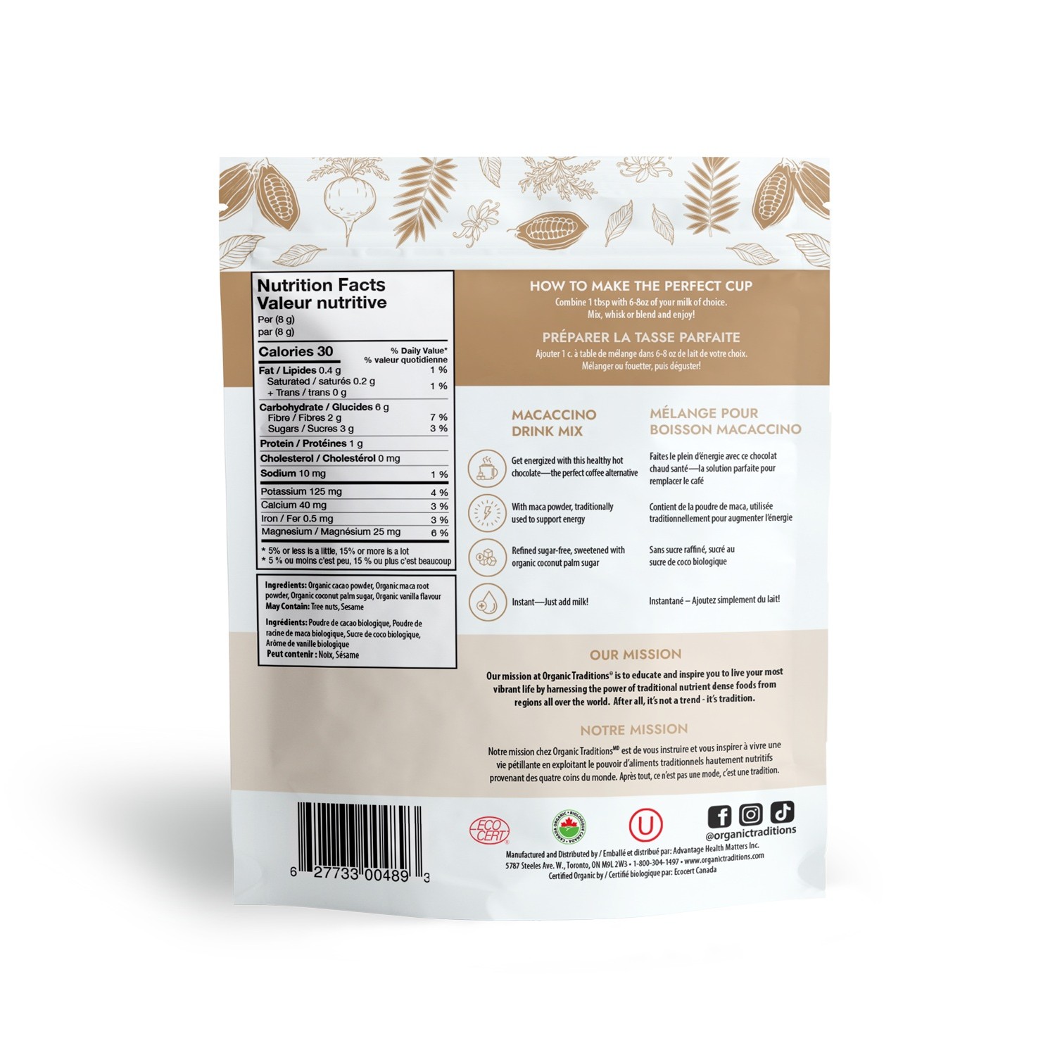 Organic Traditions Macaccino Drink Mix, Energizing Maca-Cacao Blend, Coffee Alternative, Vegan - 227g