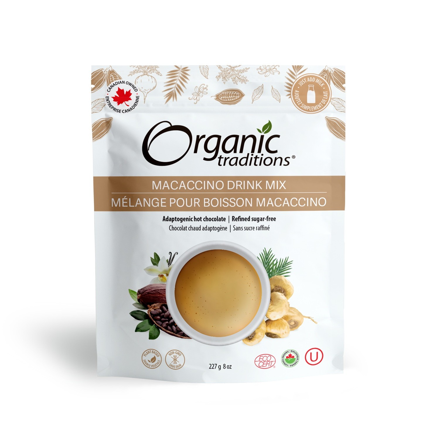 Organic Traditions Macaccino Drink Mix, Energizing Maca-Cacao Blend, Coffee Alternative, Vegan - 227g