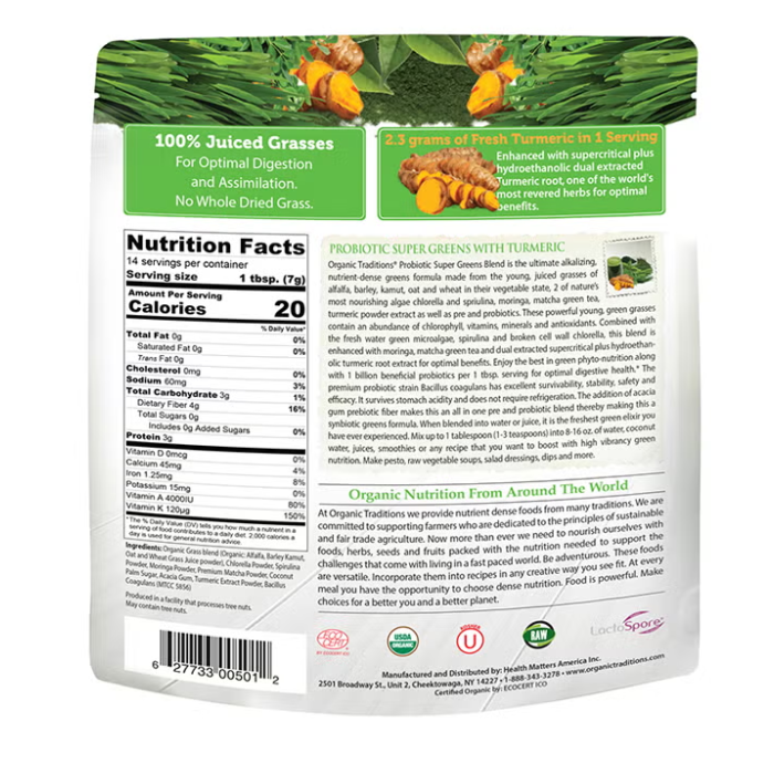 Organic Traditions Probiotic Super Greens With Turmeric 100g