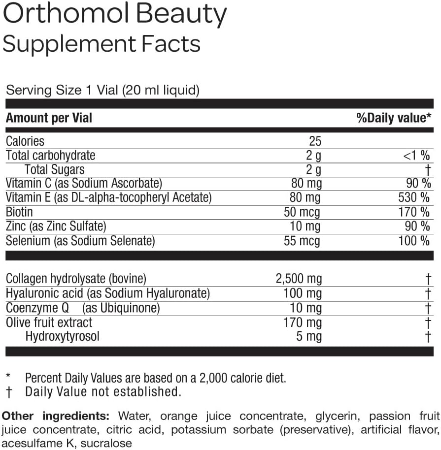 Orthomol Beauty Vial, Collagen, Hyaluronic Acid and Coenzyme Q10 Supplement for Skin, Hair & Nails, 30s