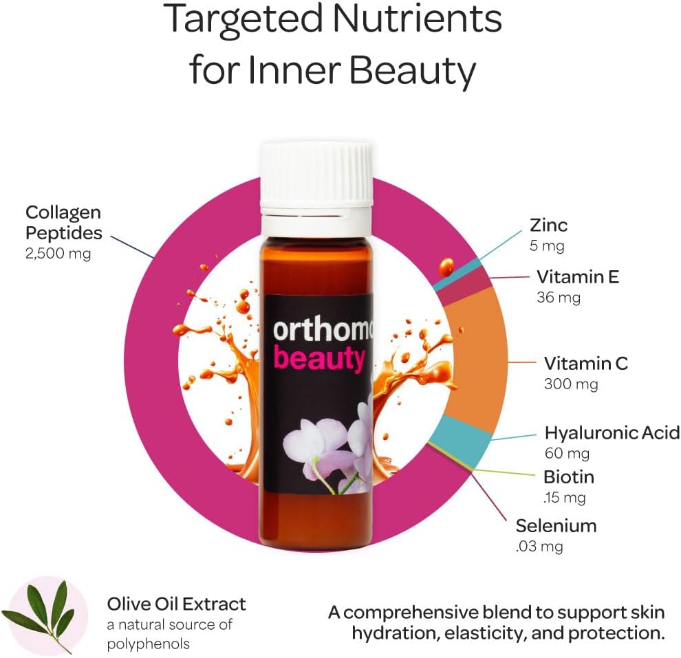 Orthomol Beauty Vial, Collagen, Hyaluronic Acid and Coenzyme Q10 Supplement for Skin, Hair & Nails, 30s