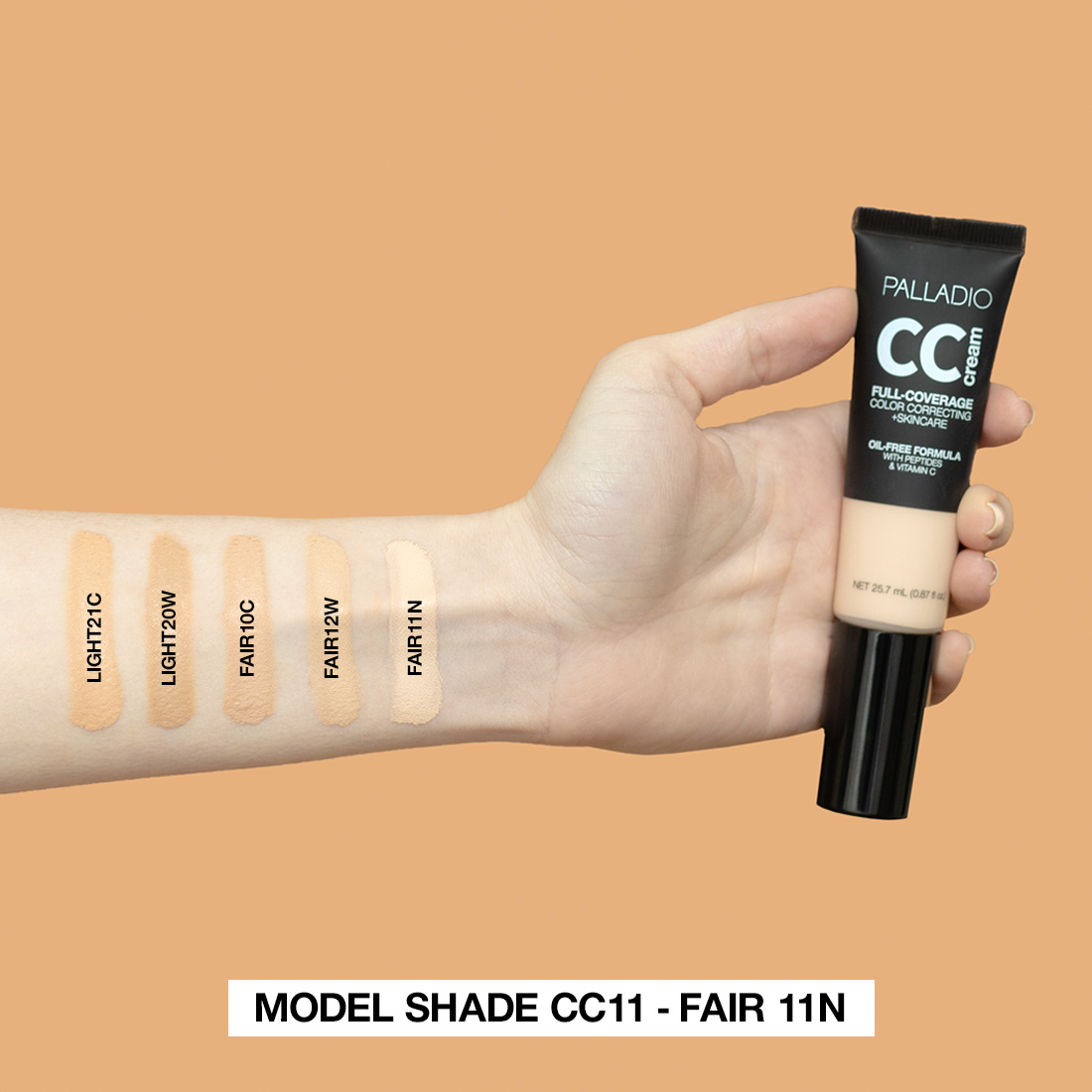 Palladio CC Cream Full Coverage Foundation, Fair 11N, Vegan, Skin-Nourishing Formula with Vitamin C & Peptides - 25.7ml