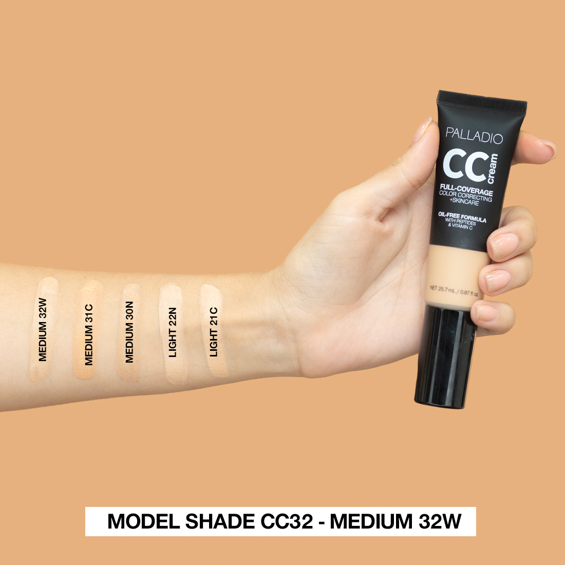 Palladio CC Cream Full Coverage Foundation, Medium 32W, Oil-Free Formula with Peptides & Vitamin C - 25.7ml