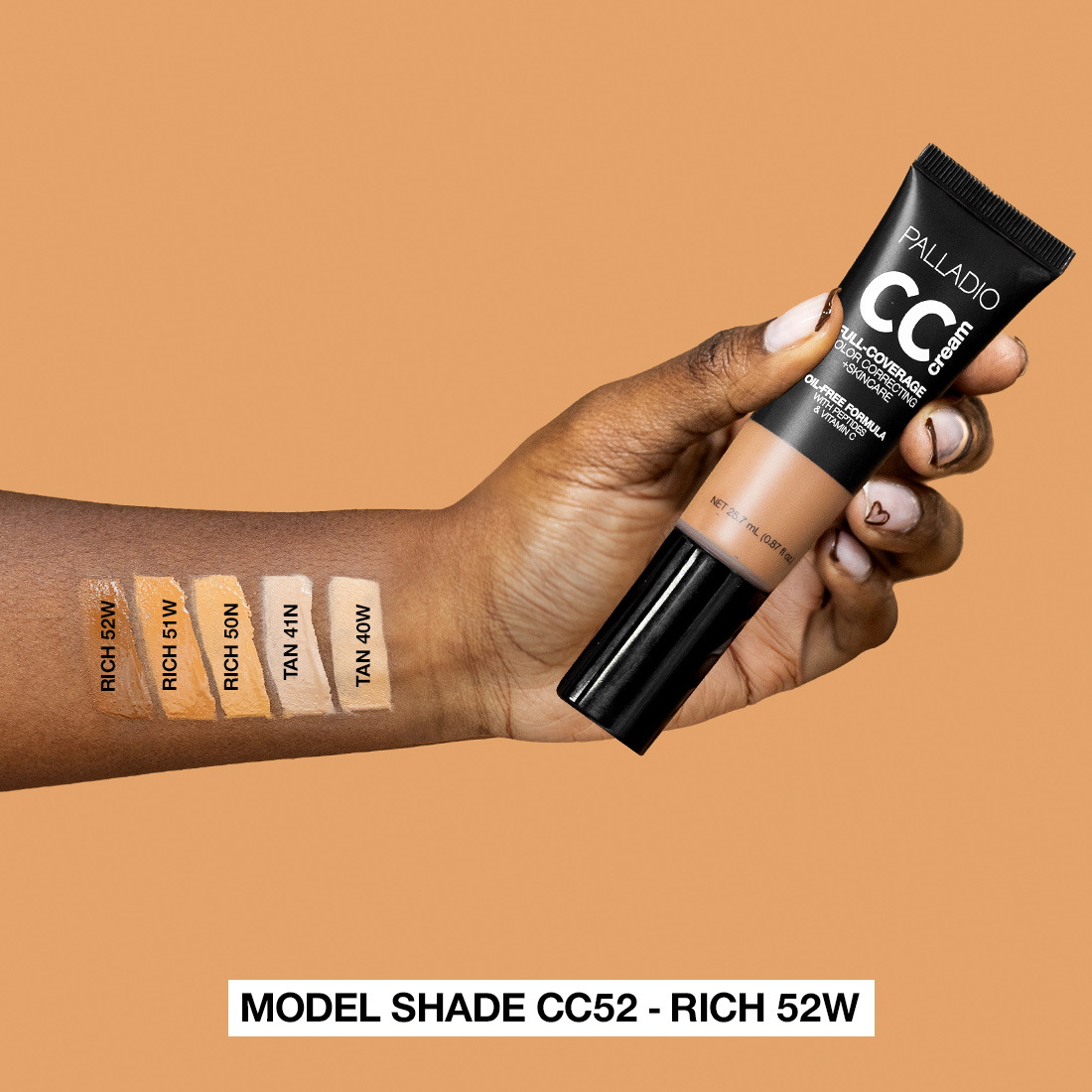 Palladio CC Cream Full Coverage Foundation, Rich 52W, Oil-Free Formula with Peptides & Vitamin C - 25.7ml