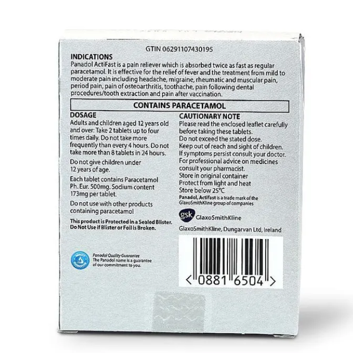 Panadol Actifast Pain Relief Tablets - Fast-Acting Paracetamol for Headaches & Body Pain - 20 Tablets